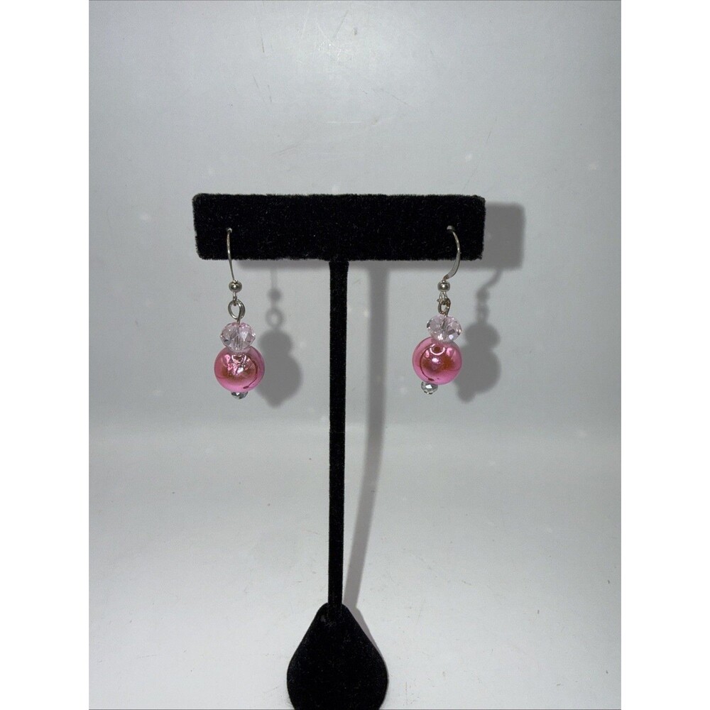 Dangle Beaded Earrings Silver Tone Pink Balls Modernist Boho Pierced 1.25"